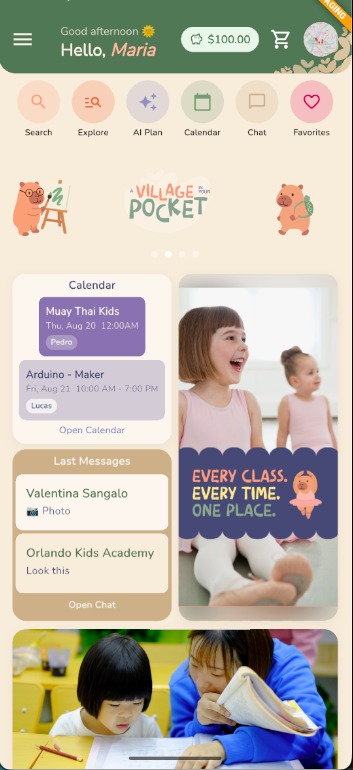 Cria app home screen